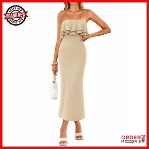 Strapless Bodycon Midi Dress Ribbed Knit Cocktail Party